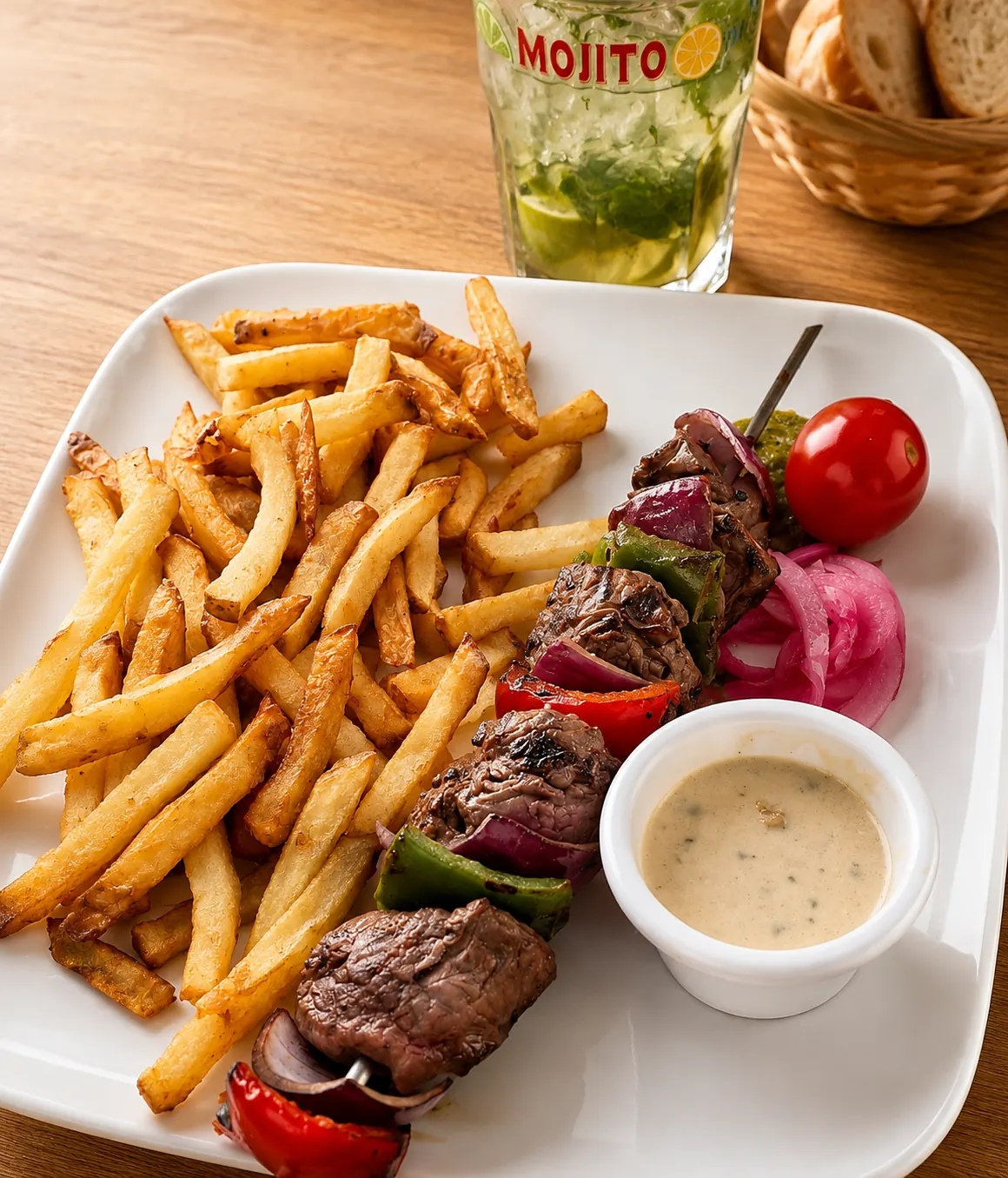 La brochette d'onglet charolais du Manuia et ses frites fraîches